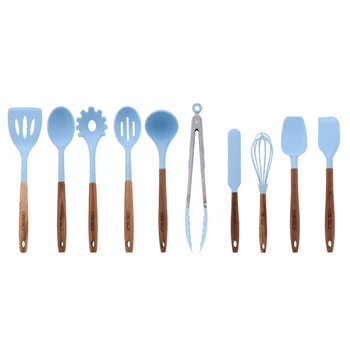Кухонные принадлежности, набор из 10 предметов, синий, ручка из дерева акации