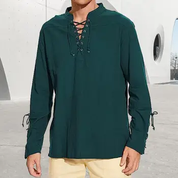 Мужская рубашка в стиле ретро, воротник-стойка, V-образный вырез, Топы, рубашка на шнуровке, Свободные бандажные манжеты с длинными рукавами, рубашка, однотонный пуловер в стиле панк, топ