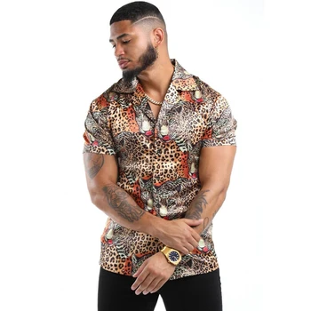 Мужская рубашка с леопардовой модой с цифровой печатью, уличная одежда, повседневный топ с коротким рукавом, модная мужская одежда для вечеринок