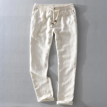 Мужские повседневные брюки из чистого льна, однотонные белые Прямые Дышащие Модные Удобные Брюки полной длины, мужские Осенние Новые брюки