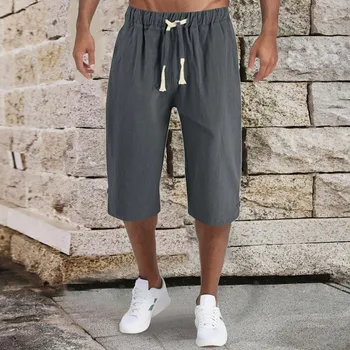 Мужские укороченные брюки, модные повседневные Простые однотонные брюки от поясничной уздечки до икр, летние брюки Pantalones Hombre