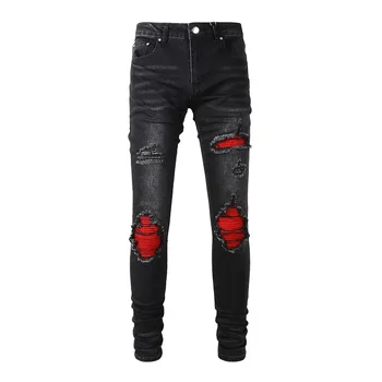 Новое поступление 2022 года, мужская черная уличная одежда в возрасте, потертая, обтягивающая, с дырками, Красная бандана С нашивками на ребрах, Рваные джинсы