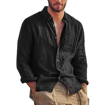 Осенние мужские рубашки свободного покроя из хлопка и льна, однотонный топ с длинным рукавом и воротником-стойкой на пуговицах в стиле ретро