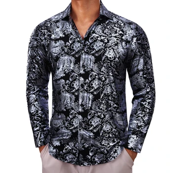 Роскошные рубашки для мужчин, Шелковые Мужские блузки с длинным рукавом, серебристо-черный цветок, Облегающие Повседневные топы, Дышащая уличная одежда Barry Wang