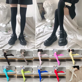 Сексуальные Черные, белые Длинные носки, женские однотонные гольфы выше колена, чулки для девочек в стиле японской Лолиты, гольфы до колена